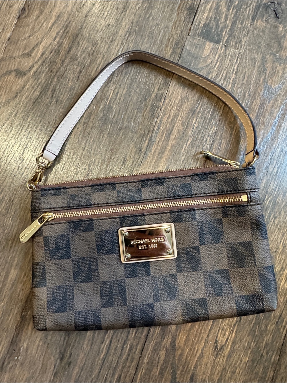 Michael Kors Brown Check Wristlet with Gold Hardware